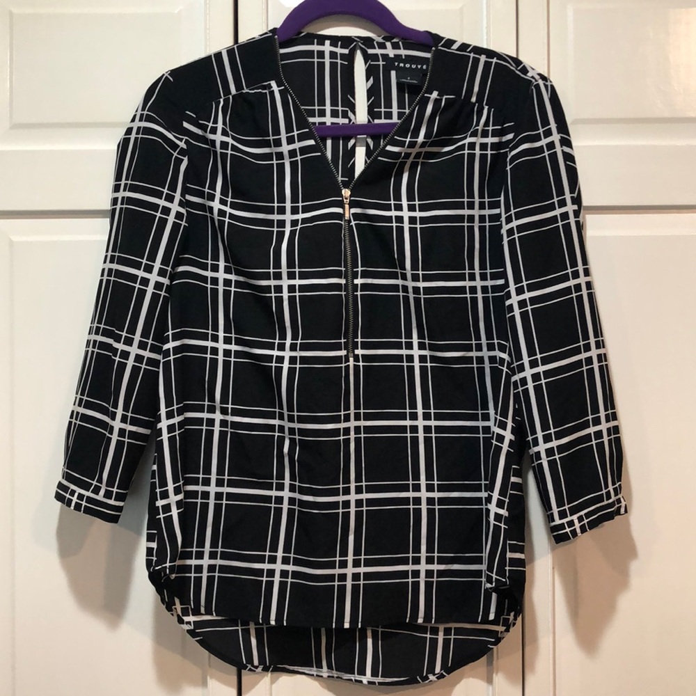 Black & White window pane silky blouse - Zipper Neck line with keyhole back